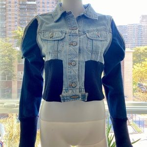 Rework Denim Jacket w/ High Waisted Ribbed + Open Shoulders